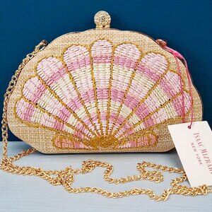Isaac Mizrahi Pink Shell Clutch Purse with Gold Chain Strap & Crystal Clasp 8x6"
